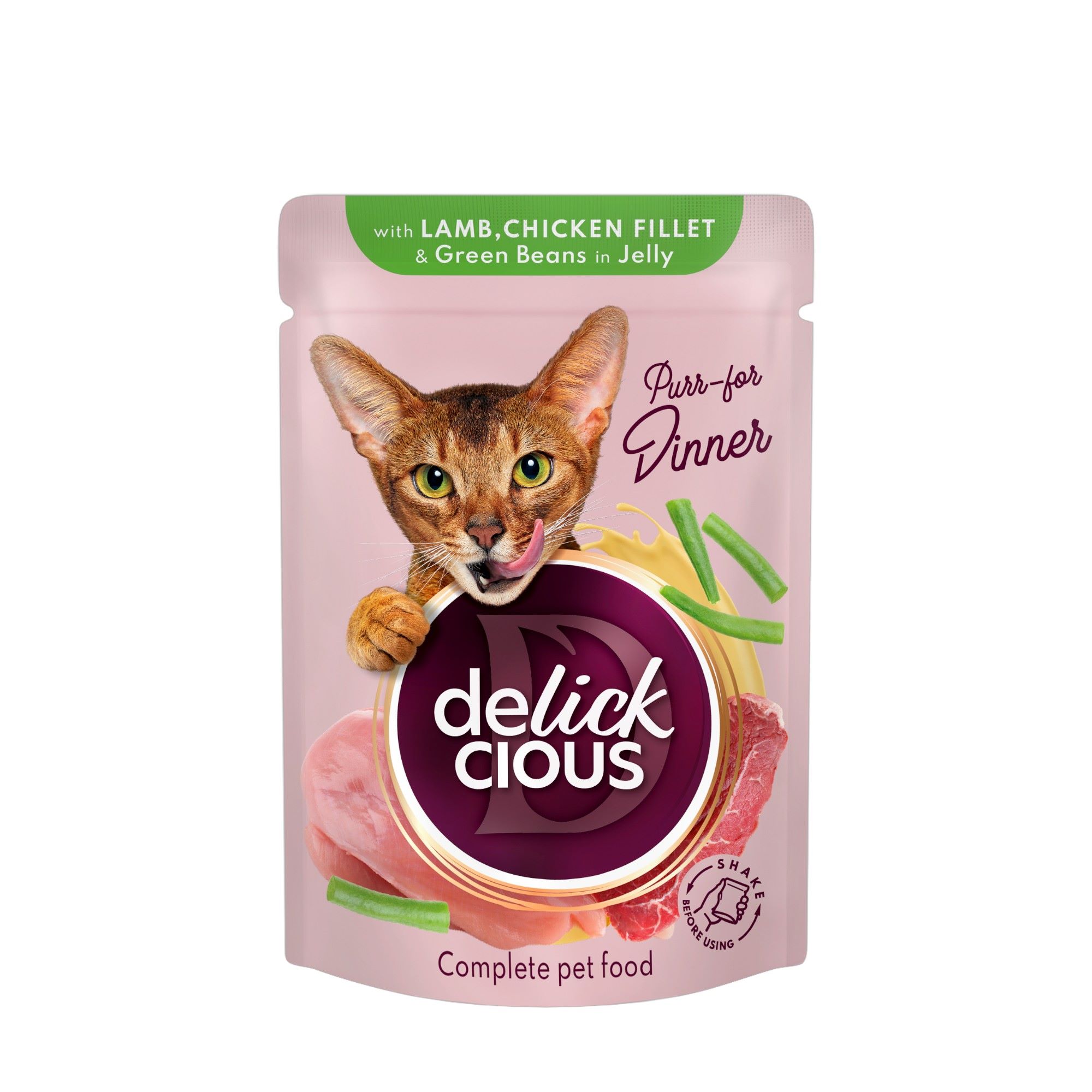 DELICKCIOUS™ Bárányszeletek csirkefilével és zöldbabbal szószban macskáknak 85g