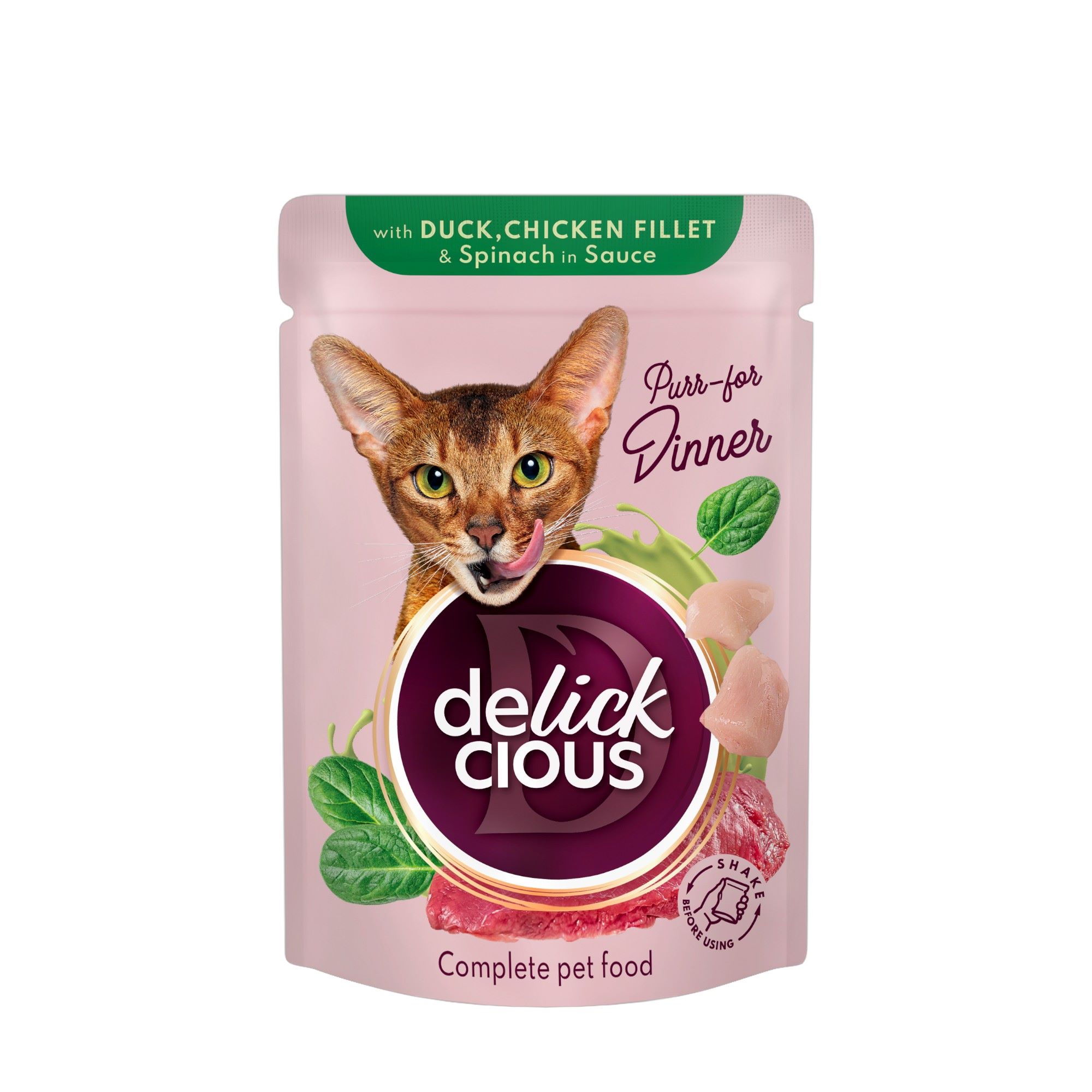 DELICKCIOUS™  Kacsaszeletek csirke filével és spenóttal macskáknak 85g