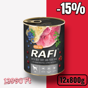 RAFI kutya pástétom sonka, marhapacal, vörös- és kék áfonyával konzerv 800g